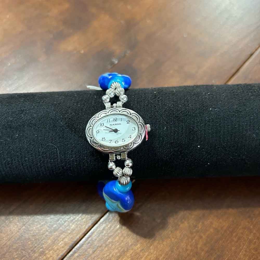 Women's New handcrafted beaded band Watch with Blue Accents